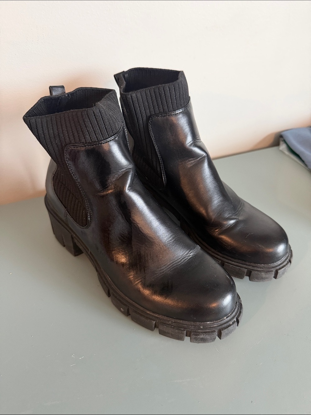 Black Chelsea Lug Sole Ankle Boots with Knit Collar
